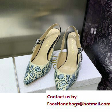 Dior Heel 9.5cm J'Adior Slingback Pumps in Blue Brocart Embroidered Cotton with Gold-Tone Metallic Thread 2023