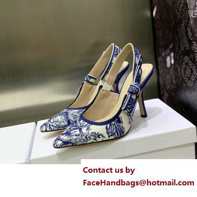 Dior Heel 9.5cm J'Adior Slingback Pumps in Blue Cotton Embroidered with Dior Jardin d'Hiver Motif 2023