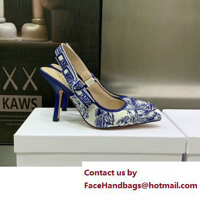 Dior Heel 9.5cm J'Adior Slingback Pumps in Blue Cotton Embroidered with Dior Jardin d'Hiver Motif 2023