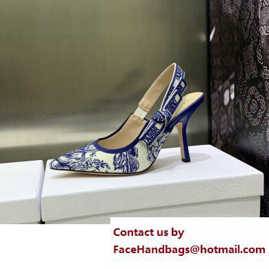 Dior Heel 9.5cm J'Adior Slingback Pumps in Blue Cotton Embroidered with Dior Jardin d'Hiver Motif 2023