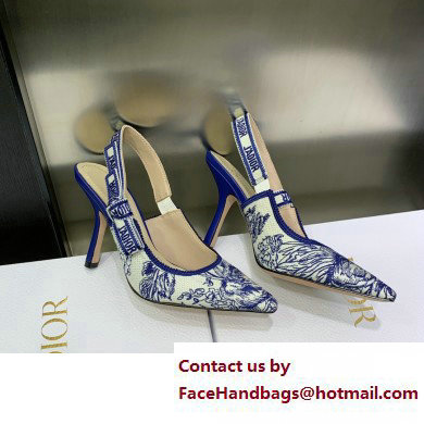 Dior Heel 9.5cm J'Adior Slingback Pumps in Blue Cotton Embroidered with Dior Jardin d'Hiver Motif 2023