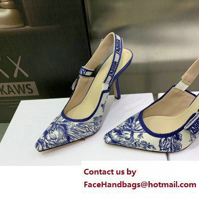 Dior Heel 9.5cm J'Adior Slingback Pumps in Blue Cotton Embroidered with Dior Jardin d'Hiver Motif 2023