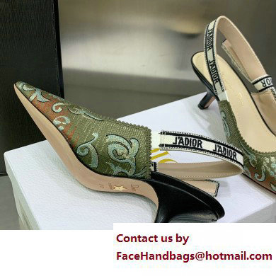 Dior Heel 9.5cm J'Adior Slingback Pumps in Green Brocart Embroidered Cotton with Gold-Tone Metallic Thread 2023