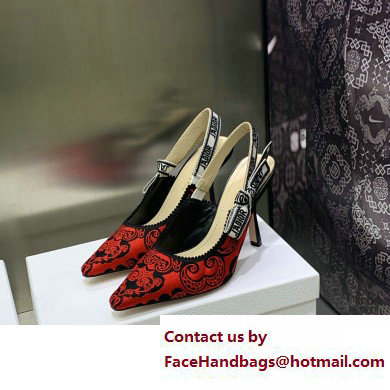 Dior Heel 9.5cm J'Adior Slingback Pumps in Red/Black Bandana Embroidered Cotton 2023