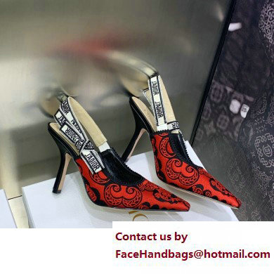 Dior Heel 9.5cm J'Adior Slingback Pumps in Red/Black Bandana Embroidered Cotton 2023