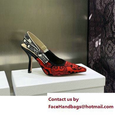 Dior Heel 9.5cm J'Adior Slingback Pumps in Red/Black Bandana Embroidered Cotton 2023