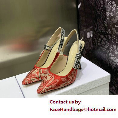 Dior Heel 9.5cm J'Adior Slingback Pumps in Red Brocart Embroidered Cotton with Gold-Tone Metallic Thread 2023