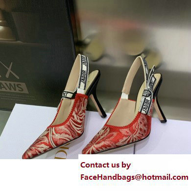 Dior Heel 9.5cm J'Adior Slingback Pumps in Red Brocart Embroidered Cotton with Gold-Tone Metallic Thread 2023