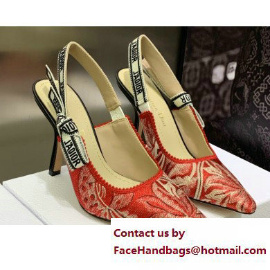 Dior Heel 9.5cm J'Adior Slingback Pumps in Red Brocart Embroidered Cotton with Gold-Tone Metallic Thread 2023