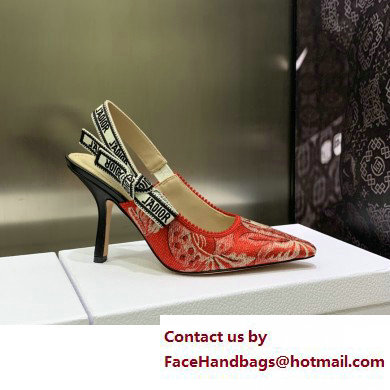 Dior Heel 9.5cm J'Adior Slingback Pumps in Red Brocart Embroidered Cotton with Gold-Tone Metallic Thread 2023