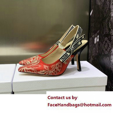 Dior Heel 9.5cm J'Adior Slingback Pumps in Red Brocart Embroidered Cotton with Gold-Tone Metallic Thread 2023