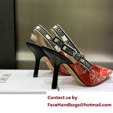 Dior Heel 9.5cm J'Adior Slingback Pumps in Red Brocart Embroidered Cotton with Gold-Tone Metallic Thread 2023