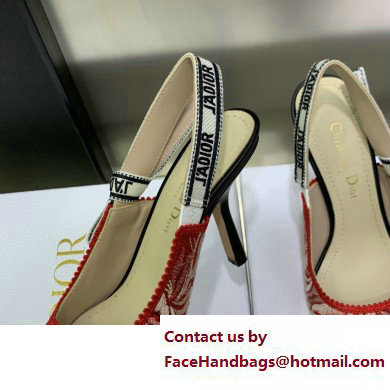 Dior Heel 9.5cm J'Adior Slingback Pumps in Red Brocart Embroidered Cotton with Gold-Tone Metallic Thread 2023