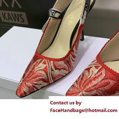 Dior Heel 9.5cm J'Adior Slingback Pumps in Red Brocart Embroidered Cotton with Gold-Tone Metallic Thread 2023