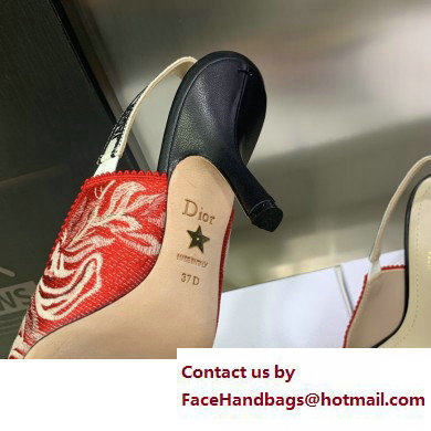 Dior Heel 9.5cm J'Adior Slingback Pumps in Red Brocart Embroidered Cotton with Gold-Tone Metallic Thread 2023