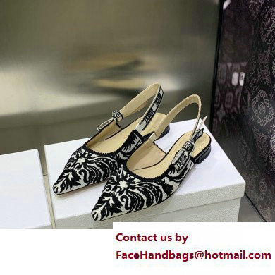 Dior J'Adior Slingback Ballerina Flats in Black/White Ornamental Embroidered Cotton 2023