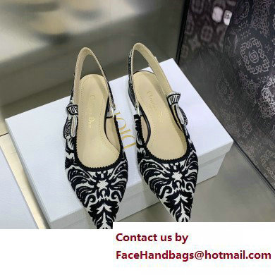 Dior J'Adior Slingback Ballerina Flats in Black/White Ornamental Embroidered Cotton 2023