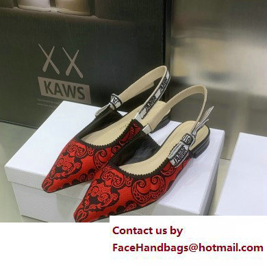 Dior J'Adior Slingback Ballerina Flats in Red/Black Bandana Embroidered Cotton 2023