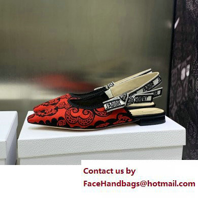 Dior J'Adior Slingback Ballerina Flats in Red/Black Bandana Embroidered Cotton 2023