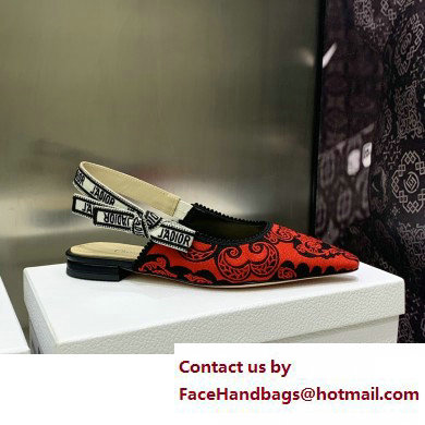 Dior J'Adior Slingback Ballerina Flats in Red/Black Bandana Embroidered Cotton 2023