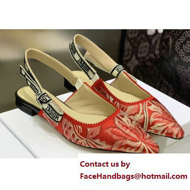 Dior J'Adior Slingback Ballerina Flats in Red Brocart Embroidered Cotton with Gold-Tone Metallic Thread 2023 - Click Image to Close