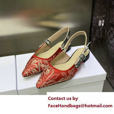 Dior J'Adior Slingback Ballerina Flats in Red Brocart Embroidered Cotton with Gold-Tone Metallic Thread 2023