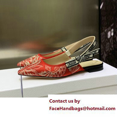 Dior J'Adior Slingback Ballerina Flats in Red Brocart Embroidered Cotton with Gold-Tone Metallic Thread 2023