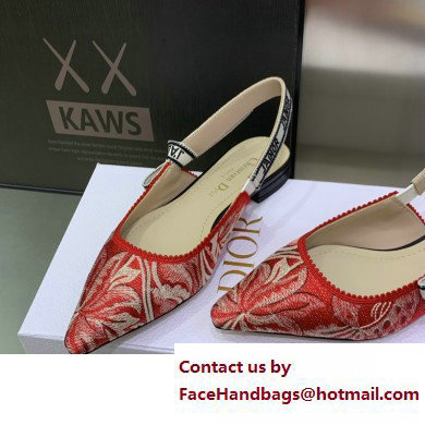 Dior J'Adior Slingback Ballerina Flats in Red Brocart Embroidered Cotton with Gold-Tone Metallic Thread 2023