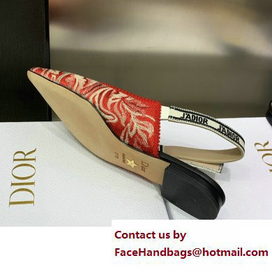 Dior J'Adior Slingback Ballerina Flats in Red Brocart Embroidered Cotton with Gold-Tone Metallic Thread 2023