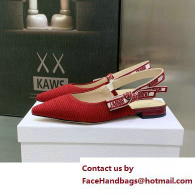 Dior J'Adior Slingback Ballerina Flats in Red Embroidered Cotton 2023