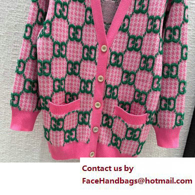 GUCCI PINK AND IVORY Wool houndstooth GG cardigan 2023