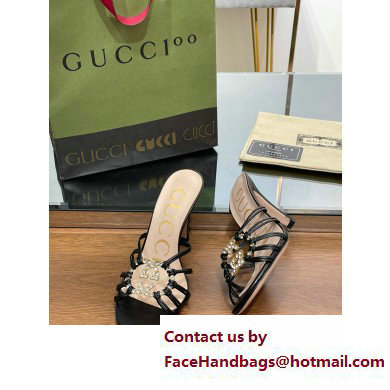 Gucci Heel 9cm Slide Sandals Black with crystals Interlocking G 2023