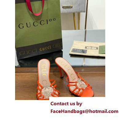 Gucci Heel 9cm Slide Sandals Orange with crystals Interlocking G 2023