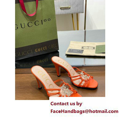 Gucci Heel 9cm Slide Sandals Orange with crystals Interlocking G 2023