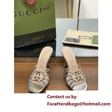 Gucci Heel 9cm Slide Sandals Silver with crystals Interlocking G 2023