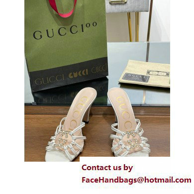 Gucci Heel 9cm Slide Sandals White with crystals Interlocking G 2023