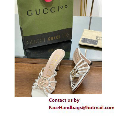 Gucci Heel 9cm Slide Sandals White with crystals Interlocking G 2023