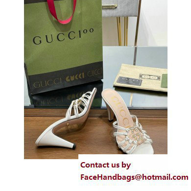 Gucci Heel 9cm Slide Sandals White with crystals Interlocking G 2023