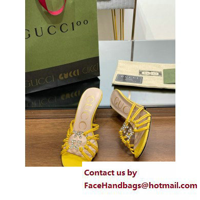 Gucci Heel 9cm Slide Sandals Yellow with crystals Interlocking G 2023