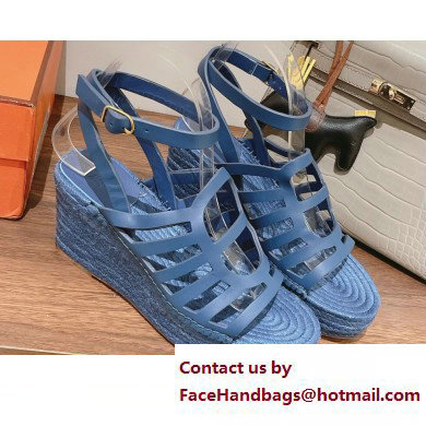 Hermes Heel 8.5cm Platform 5cm Catalya Wedge Espadrilles Blue 2023