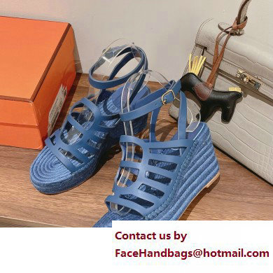 Hermes Heel 8.5cm Platform 5cm Catalya Wedge Espadrilles Blue 2023