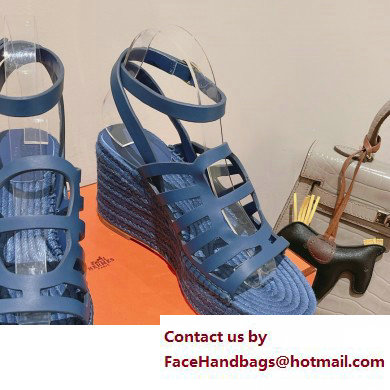 Hermes Heel 8.5cm Platform 5cm Catalya Wedge Espadrilles Blue 2023