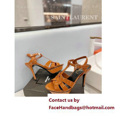 Saint Laurent Heel 10.3cm Platform 2.5cm Tribute Sandals in Patent Leather 315490 Brown