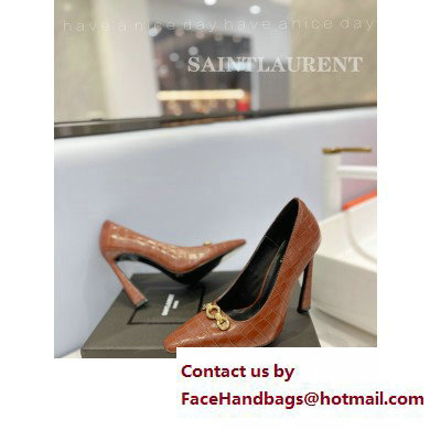 Saint Laurent Heel 10.5cm Severine Pumps Crocodile-embossed Brown