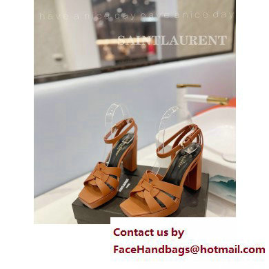 Saint Laurent Heel 10cm Platform 2cm Tribute Sandals in Smooth Leather Brown