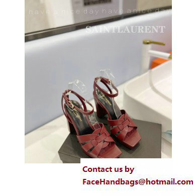 Saint Laurent Heel 10cm Platform 2cm Tribute Sandals in Smooth Leather Burgundy