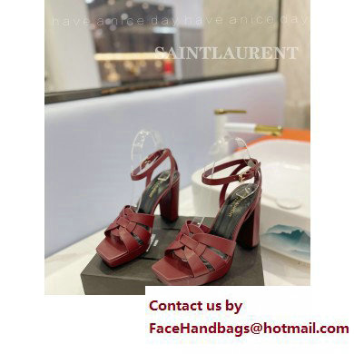 Saint Laurent Heel 10cm Platform 2cm Tribute Sandals in Smooth Leather Burgundy