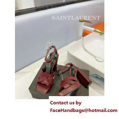 Saint Laurent Heel 10cm Platform 2cm Tribute Sandals in Smooth Leather Burgundy