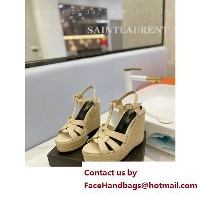 Saint Laurent Heel 12.5cm Platform 3.5cm Tribute Wedge Espadrilles in Patent Leather 611924 Beige