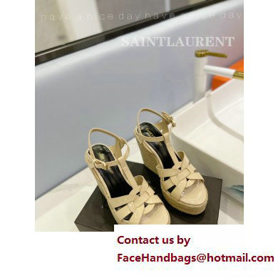 Saint Laurent Heel 12.5cm Platform 3.5cm Tribute Wedge Espadrilles in Patent Leather 611924 Beige